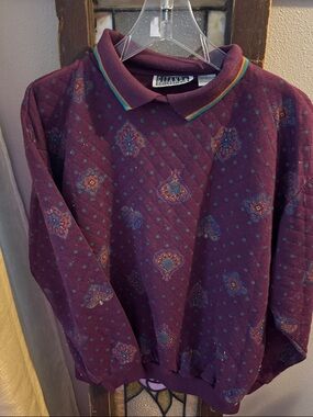 Gitano 90s Vintage Quilted Polo Sweater in Plum with Multicolor Trim